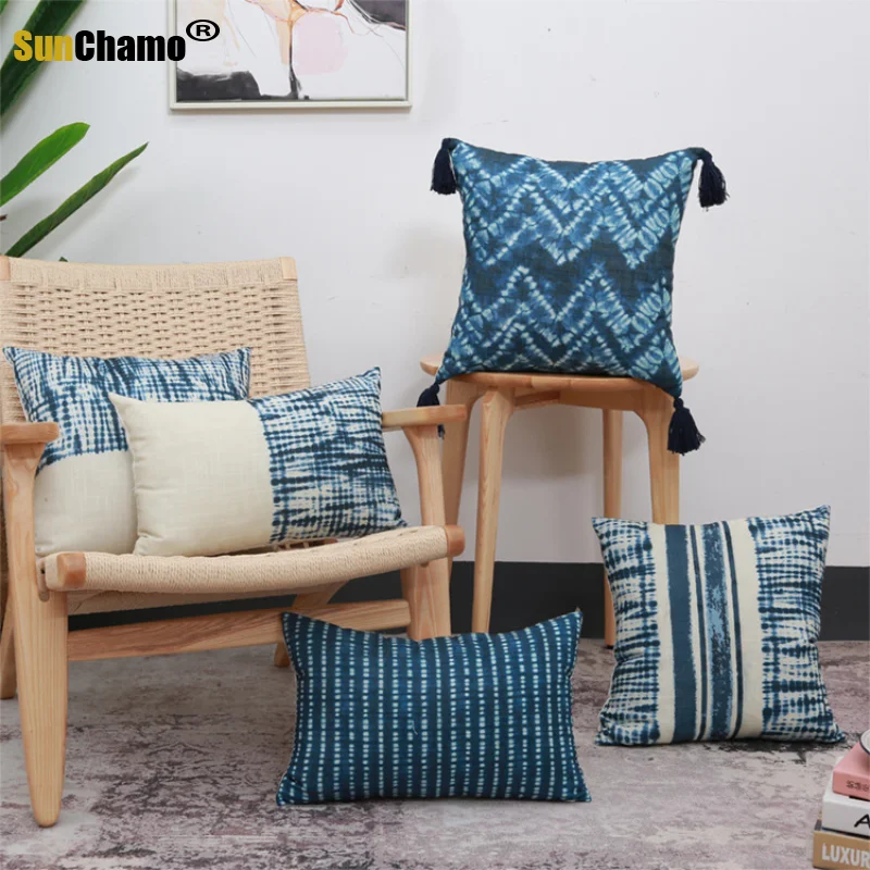 

Ethnic Blue Tie Dye Cushion Cover Tassels Decoration Geometric Pillow Cover 45x45cm / 30x50cm Sofa PillowCase Pillow Sham