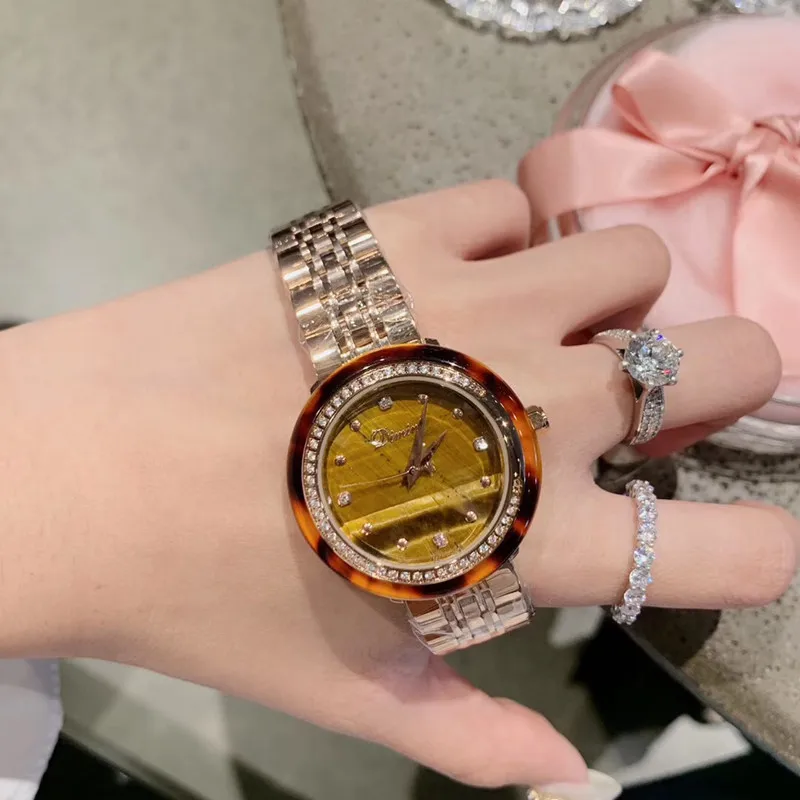 Женские кварцевые часы с тигровым глазом полностью стальные цвета розового