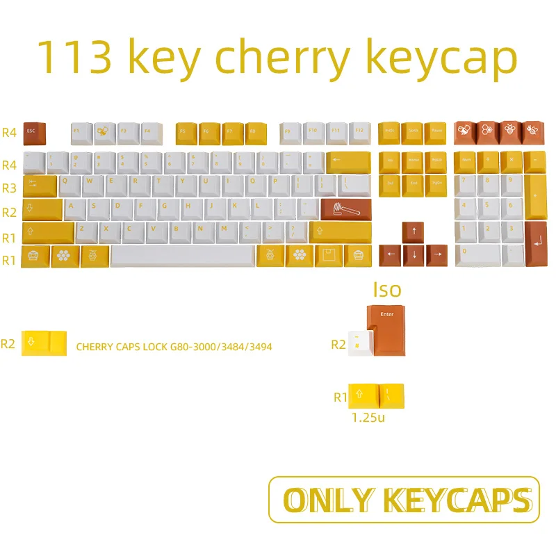 

113 Keys PBT Keycaps Dye Sub Cherry Profile Honey Keycap For Cherry MX Switch 61/87/104/108 Mechanical Keyboard iso keycaps