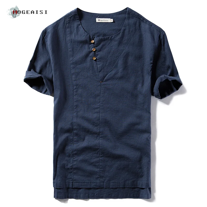 

1716 Summer Cotton hemp t-shirt men's short sleeve loose casual Chinese style top thin youth t-shirt