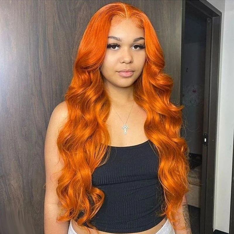 

Ginger Orange Middle Part Body Wave Lace Front Wig Synthetic For Black Women Cosplay Preplucked Long Heat Resistant Baby Hair