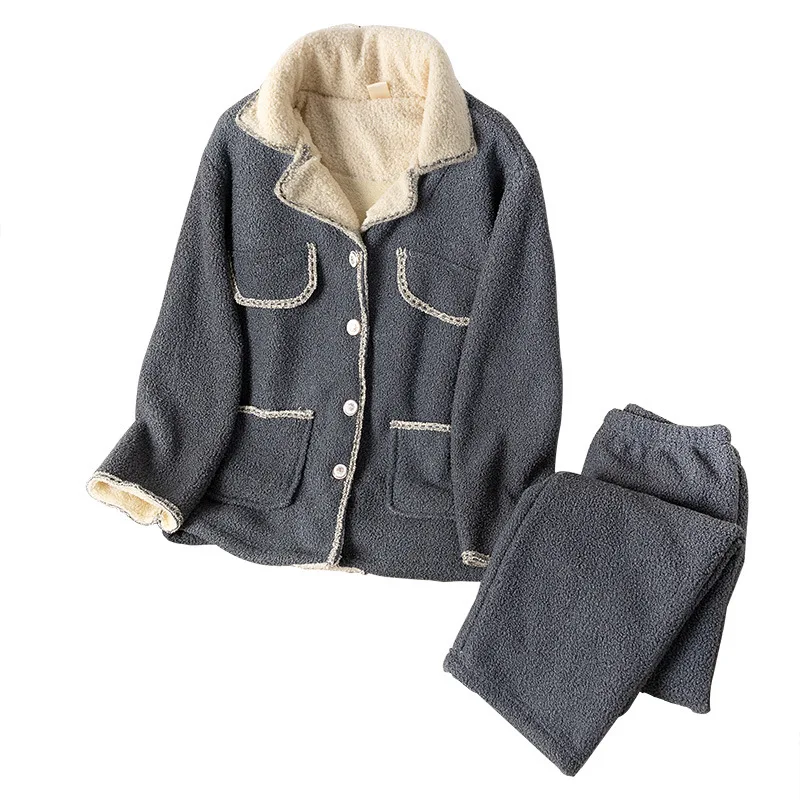 Winter Thick Coral Fleece Outer Wear Warm Suit Homewear Small Fragrance Style Women's Pajamas V-neck Solid Color