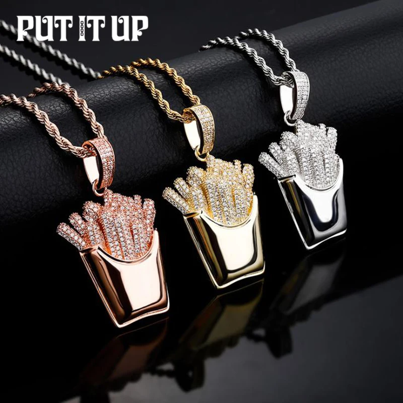 

14K Gold Plated French Fries Pendant Necklace Hip Hop Rock Rapper Set 3A Zircon 2021 Fashion Trendy Men's Jewelry Birthday Gift