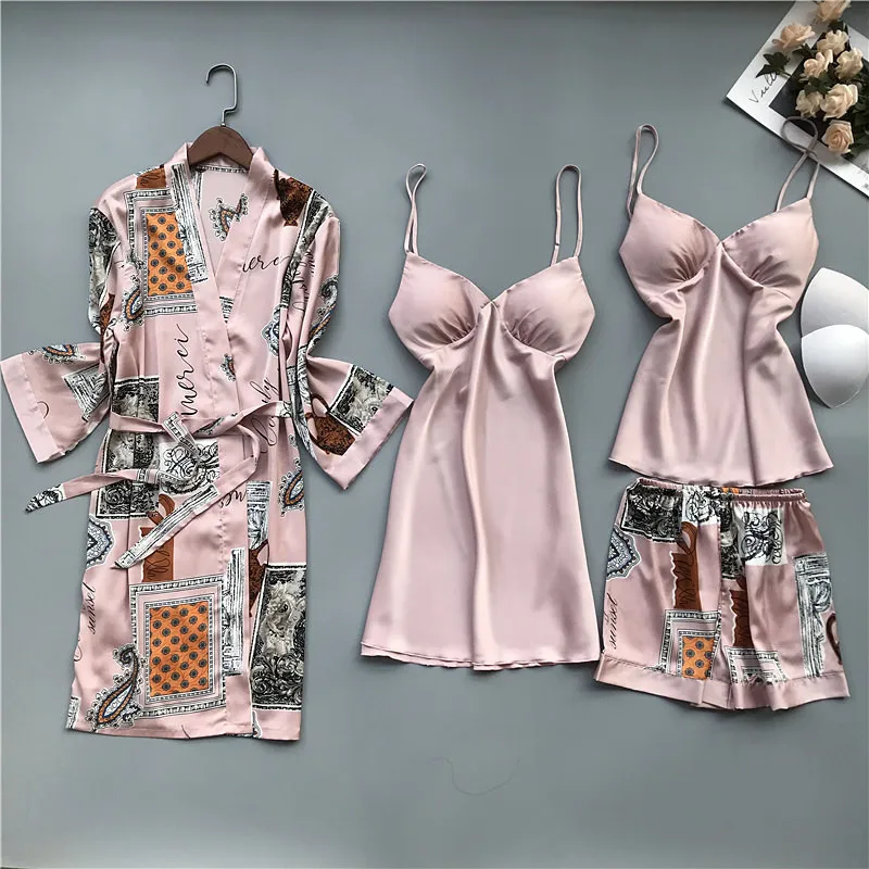 

2020 Spring Autumn Women Silk Pajamas Sets With Chest Pads Flower Print Pijama Sleepwear 4 Pieces Spaghetti Strap Satin Pyjamas