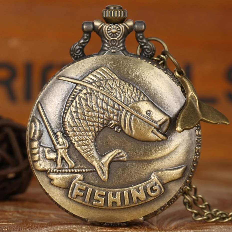 Delicate Carved Fish Quartz Pocket Watch Punk Fishmen Fishing Necklace Pendant FOB Chain Clock for Men with Tail Accessory | Наручные