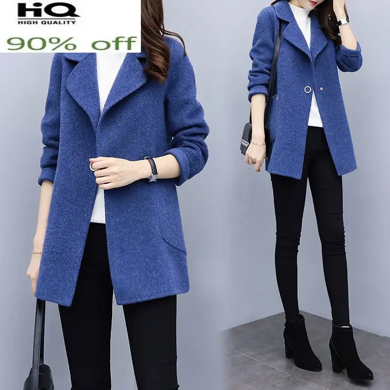 Korean Autumn Coat Women Long Slim Blue Wool Blends Fashion Outerwear Winter Women's Clothing Jackets for Women 2022 WPY4275