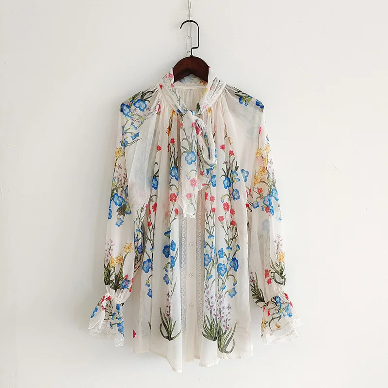 Spring Summer Fashion women's floral print Chiffon Shirts High quality bowtie sweet blouses Top C686