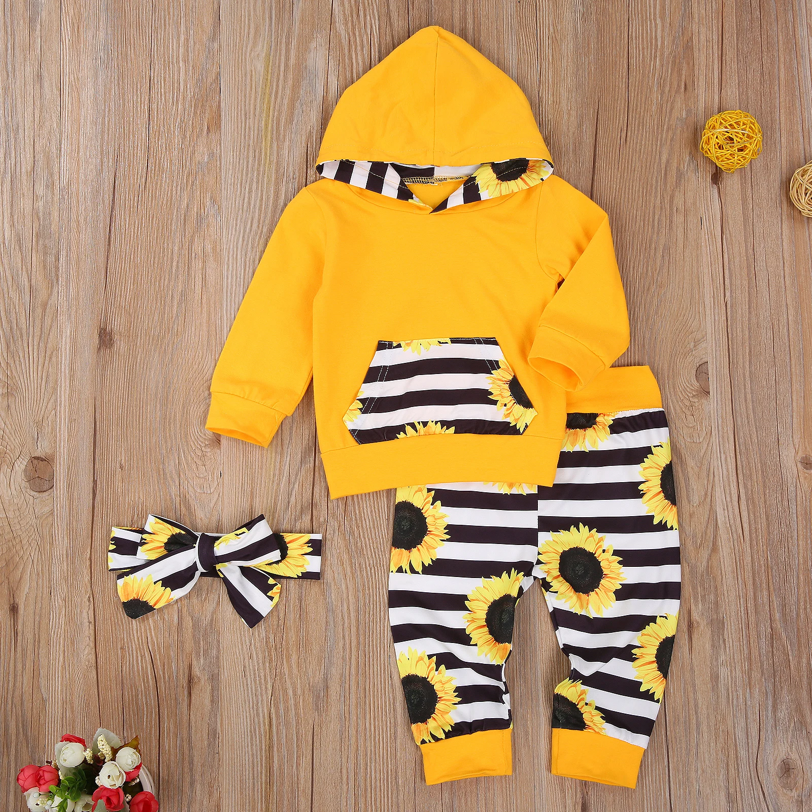 

Toddler Baby Girl Clothes Autumn Cute Sunflower Stripes Print Long Sleeve Hooded Tops Long Pants Headband 3Pcs Outfits Clothes