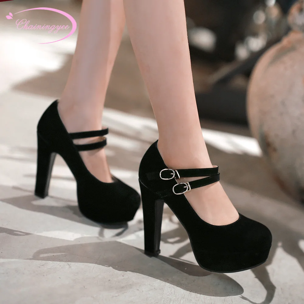 

Party style comfortable round toe flock pumps buckle platforms beige black blue red super high heels chunky women's shoes