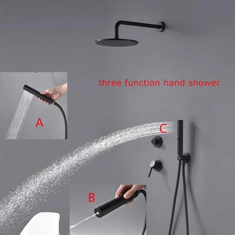 Скрытый двухфункциональный смеситель для душа и ванны черный настенный душ