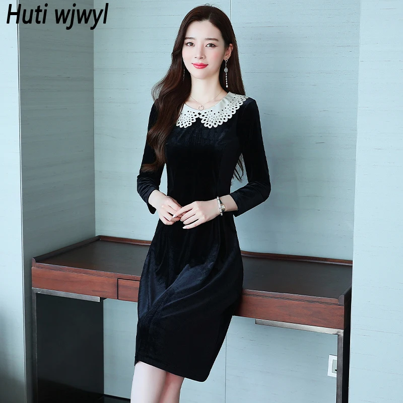 

Осенне-зимнее бархатное плотное теплое платье миди женское корейское винтажное черное платье Хепберн Новинка 2023 элегантное облегающее повседневвечерние платье