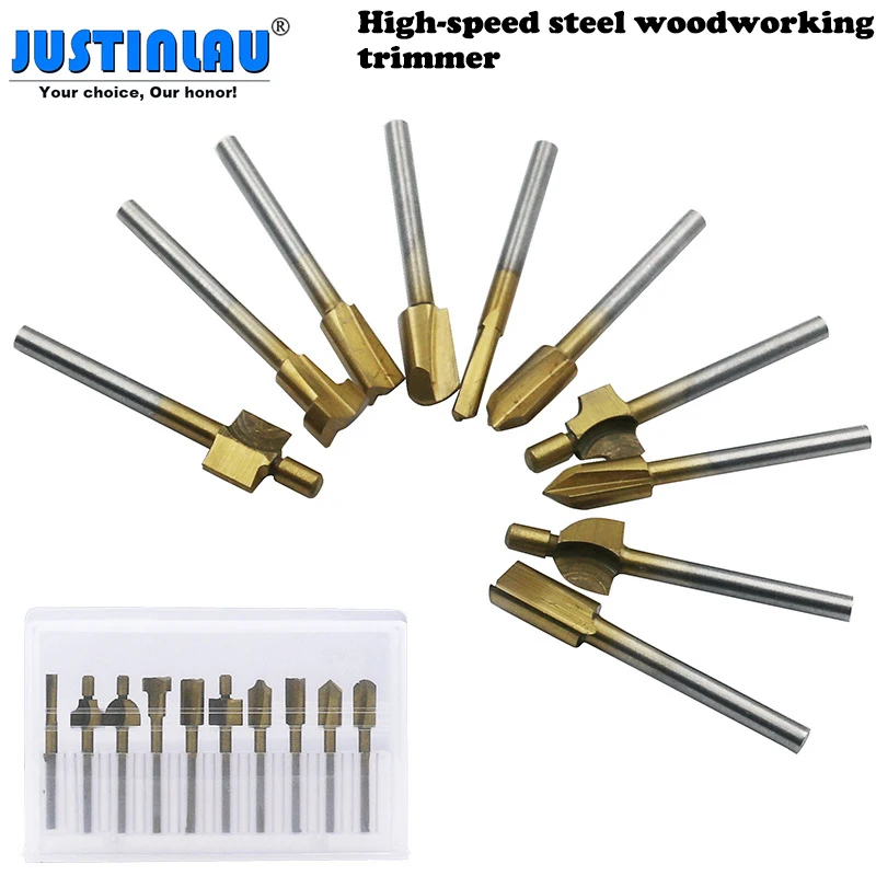 

JUSTINLAU 10 Pcs Set 3mm Titanium-coated HSS Milling Cutter Set, Burr Rotary File, Wood Milling Cutter, Woodworking Trimmer Tool