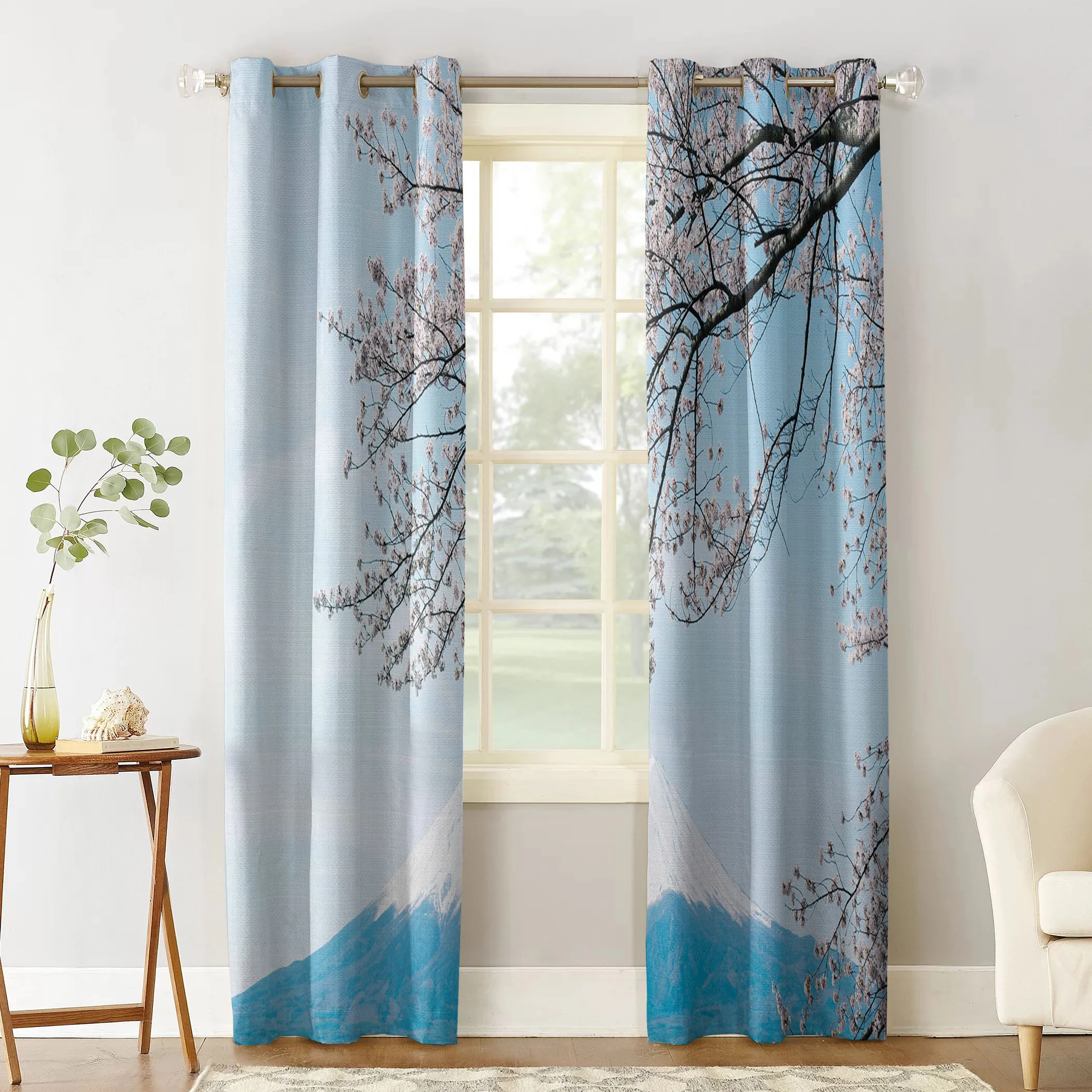 Занавеска для детской с цветущей вишней веткой изображением горы Фудзи | Дом и