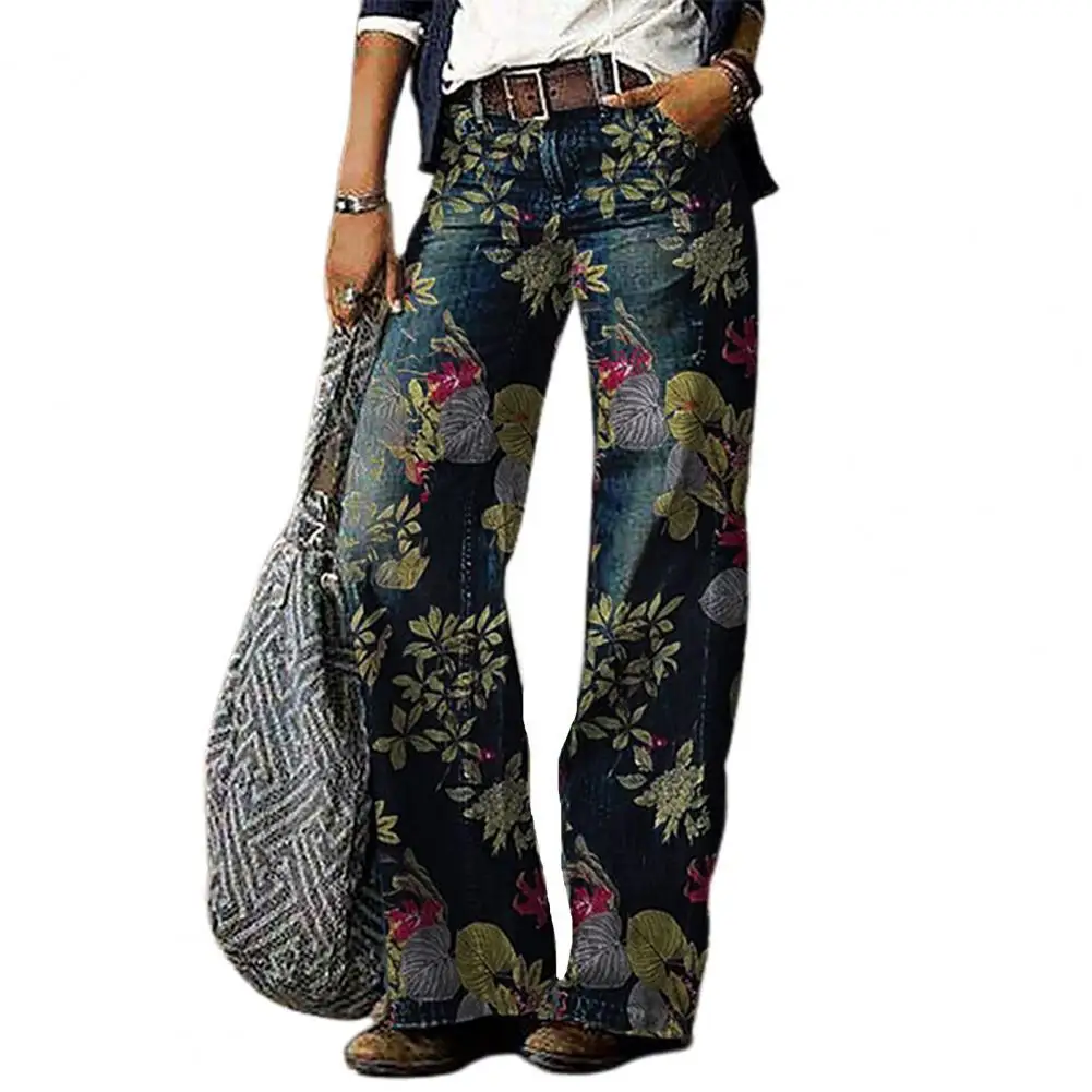 Women Denim Pants High Waist Retro Floral Print Loose Wide Leg Trousers Loose Jeans for Work Streetwear