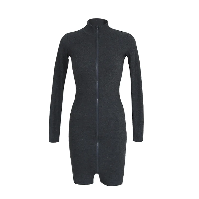 

TVVOVVIN Stand Collar Long Sleeve Knitting Zippers Dress Women Korean Tight Screw Thread Package Hip Mini Dresses 99FL