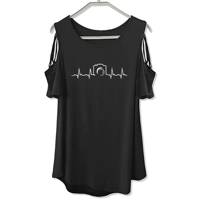 

women Short Sleeve t shirt Heartbeat of Camera T Shirts New Summer Fashion Photographer Female Tops Off The Shoulder Hollow Tee