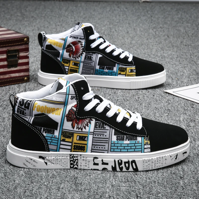 Brand New Men Sneakers High Top Women Fashion Casual Shoes Couple Printing Flat Walking Shoes Vulcanized Shoes Cool Street Shoes