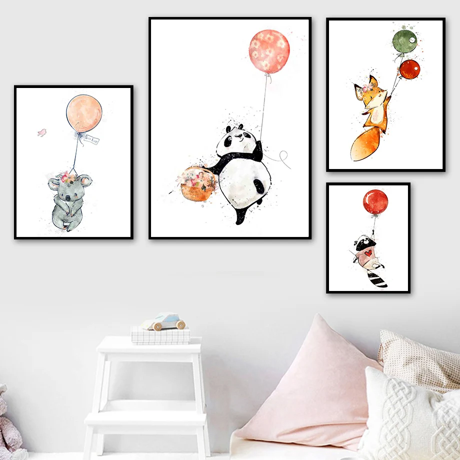 

Fox Raccoon Balloon Panda Koala Basket Wall Art Canvas Painting Nordic Posters And Prints Wall Pictures Kids Room Nursery Decor