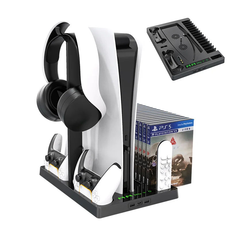 

Multi-function Vertical Stand For PS5 Console Charging Dock Cooler Fan For PS5 Dual Gamepad Charger With Headset Bracket Stands