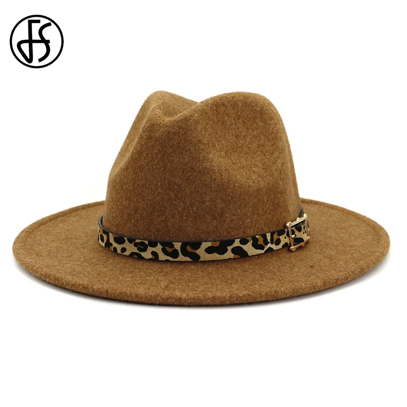 Женская шерстяная шляпа FS винтажная с широкими полями и леопардовым ремнем
