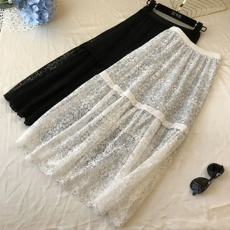

Female Midi Skirt Summer 2020 Embroidery A-line Tutu Lace Mesh Skirts Womens Elegant Tulle Long Casual Pleated Skirts