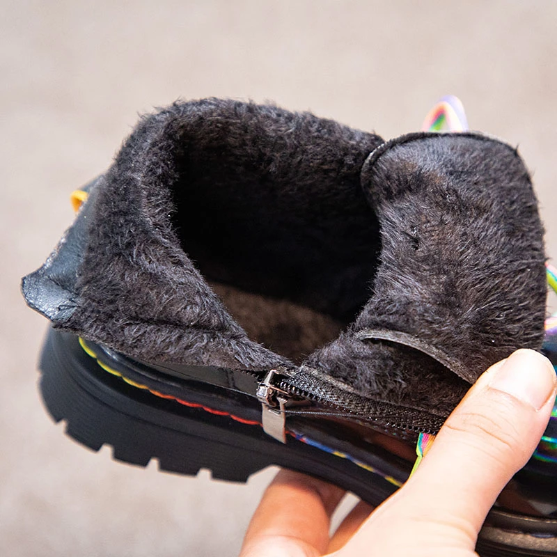 New Winter Kids Shoes PU Leather Waterproof Martin Boots Children Snow Plush Boots Brand Girls Rubber Boots Side Zipper Boots