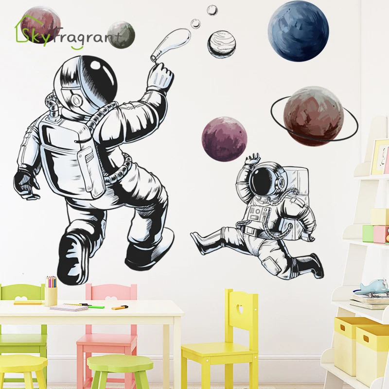 Cartoon Wall Sticker Astronaut Space Planet Boys Bedroom Decoration Living Room Decor Self-adhesive Stickers Home | Дом и сад
