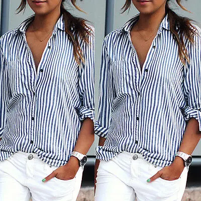 

Nice Fashion Womens Shirts Casual Chiffon T-shirt Slim Stripe Print Long Sleeve Elegant Tops
