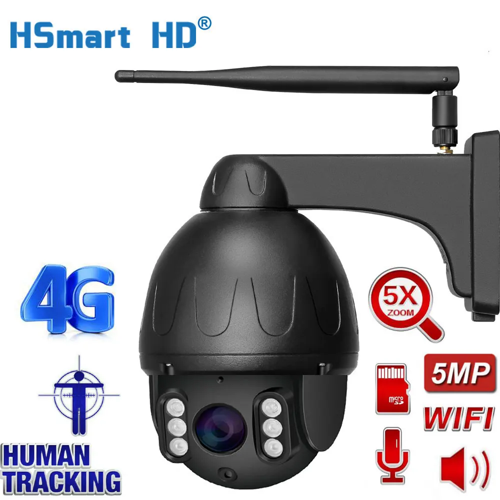 

Wireless 4G Wifi PTZ IP Camera 5MP 5X Zoom Speed Dome Two Way Audio AI Auto Tracking Outdoor 60m IR Metal Security Camera