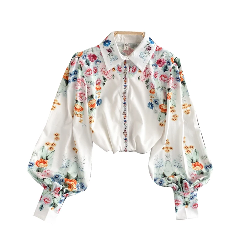 

Women's Spring Autumn Blouse Korean Flower Lantern Sleeve Lapel Top New Loose Fashion Long Sleeved Female Blouses UK
