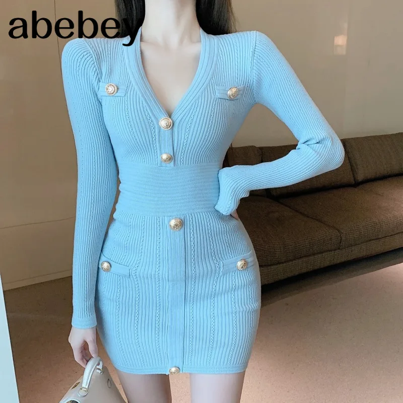 

2021 Autumn Winter New Korean Fashion Sweet Knitted Sweater Dress Women Sheath Bodycon Mini Dress Bottomed Robe Femme Vestidos