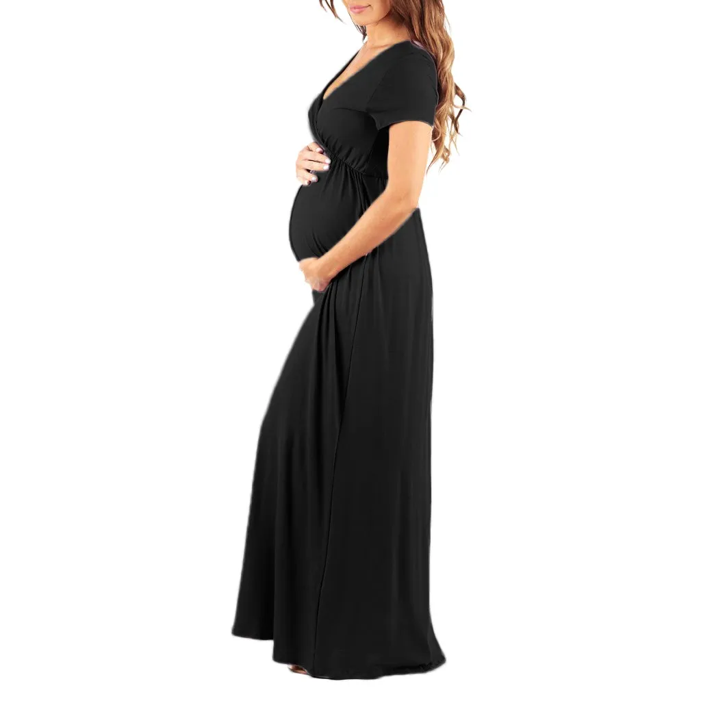 

Women's Pregnancy V Collar Short Sleeve Dress Maternity Lady's Sundress Clothes Pure Color Comfortable Pregnant Robe Femme