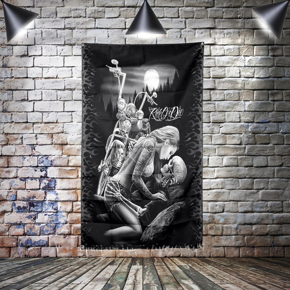 

Татуировка в виде черепа, искусство и красота для привлекательной леди, украшение для дома, подвесной флаг, 4 втулки в углах, Картина на холст...