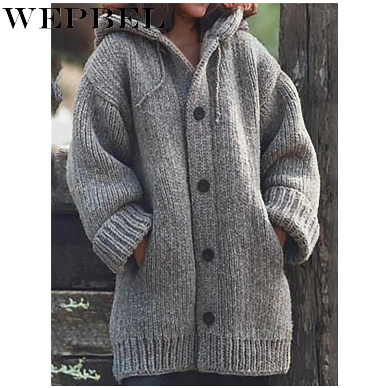 

WEPBEL Women Sweater Autumn Winter Cardigan Solid Long Hooded Jacket Female Coat Casual Knitted Thick Long Sweaters