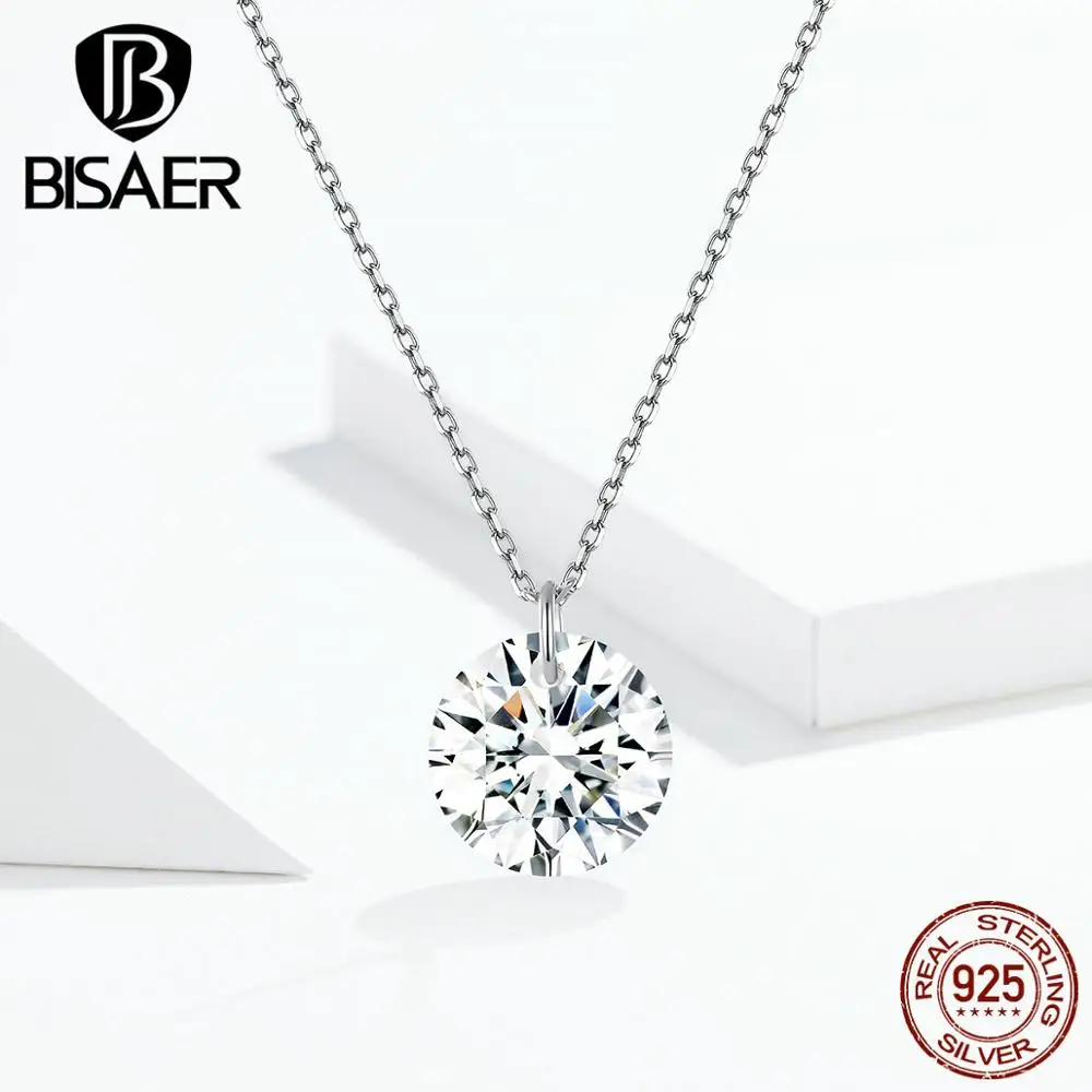 Свадебные ожерелья BISAER 925 пробы серебряная круглая подвеска прозрачный кубический циркон CZ женский воротник роскошные ювелирные изделия ECN345