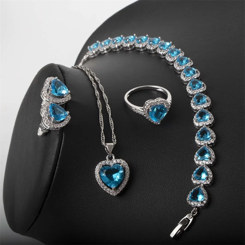 

JoiasHome 925 Sterling Silver Jewelry Set With Heart Shaped Amethyst Gemstones Ring Earrings Necklace Bracelet For Women Wedding