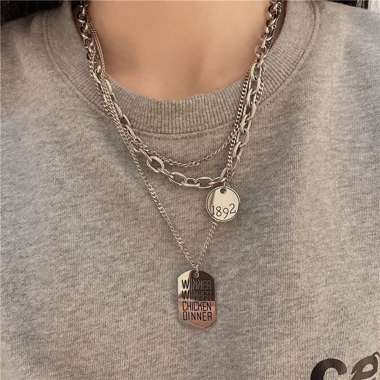 

design multilayer stacked round brand square brand Necklace cool wind hip hop fashion brand sweater chain guard Necklace steel