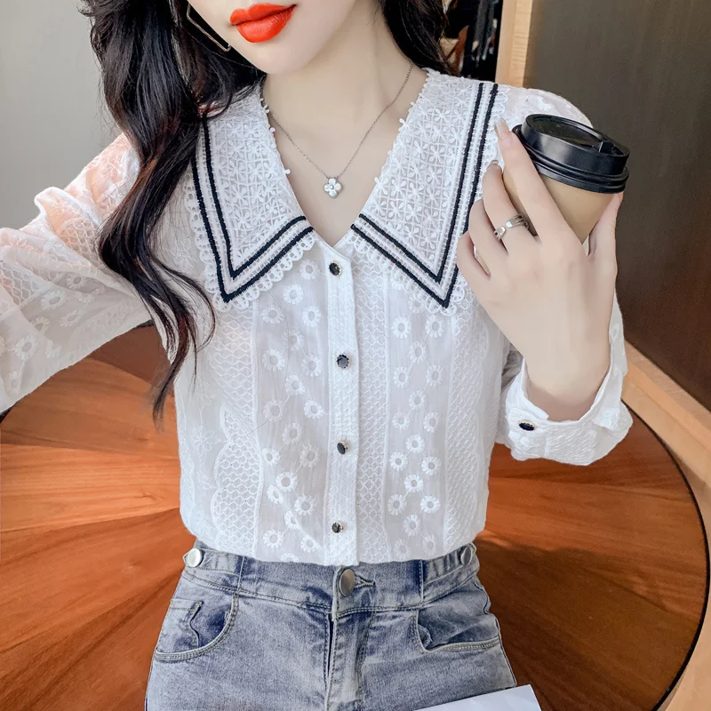 

2021autumn New Fashion Collar Embroidered Shirt Women's Trendy of Design Long-Sleeved Top