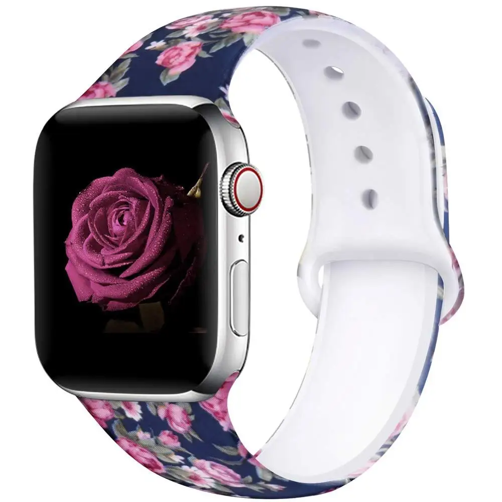 Rose Ленты с цветами для Apple Watch 38 мм 40 мм 42 мм 44 мм, леопардовые силиконовые Печатные Сменные браслеты для iWatch серии 5 4 3 2 - Цвет ремешка: Rose