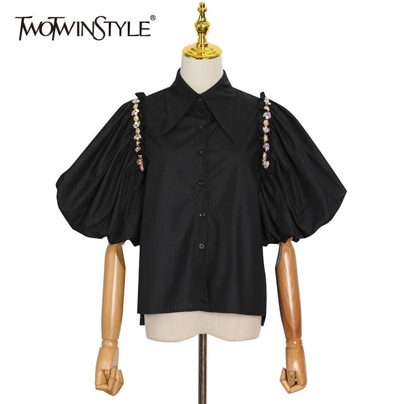 

TWOTWINSTYLE Black Casual Shirt For Women Lapel Lantern Half Sleeve Patchwork Diamonds Designer Straight Blouse Female 2022 New