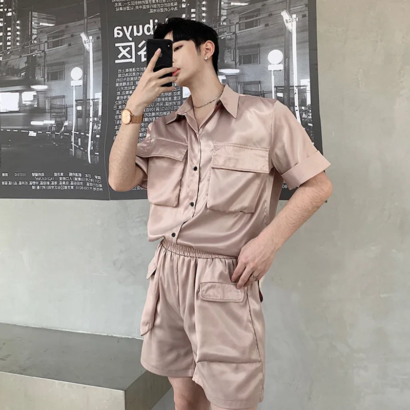 

IEFB Summer Fashion Satin Short Sleeve Workwear Shirt Causal Elastic Waist Shorts Suit Men's Korean Purple Two Pieces Set 9Y7057