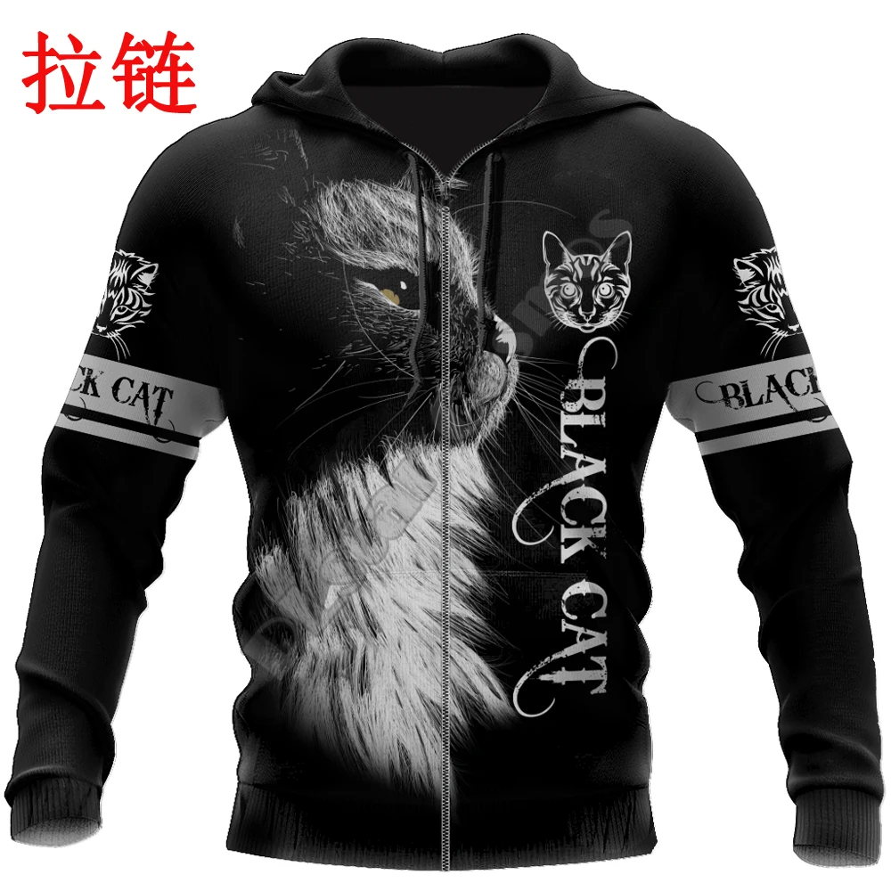 Мужская повседневная толстовка с капюшоном черная унисекс 3D-принтом в виде кошки