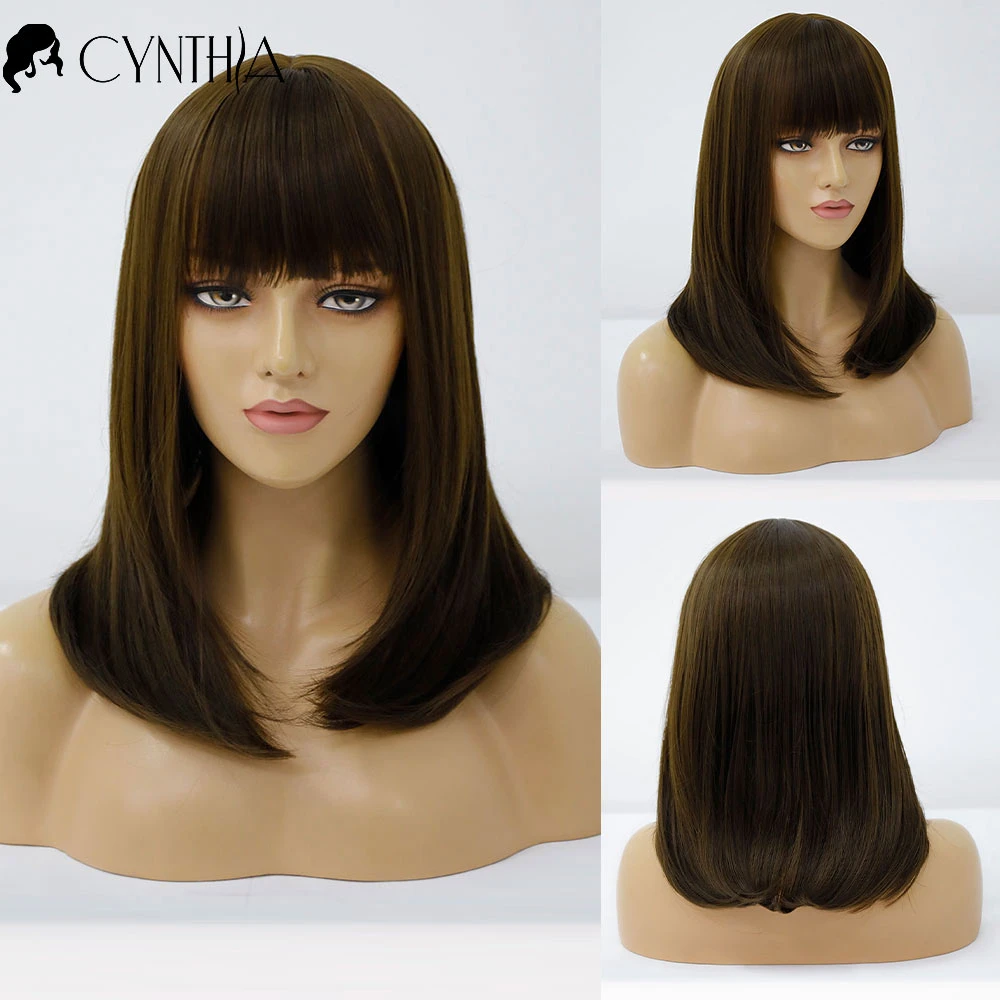 

Ombre Silky Straight Black To Grey Daily Synthetic Wigs With Bangs For Black White Women Heat Resistant Natural Fiber Hair Wig