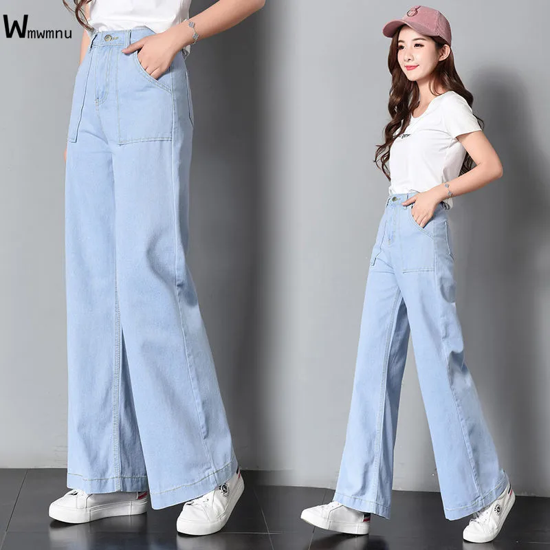 

2020 New Mom Jeans Pocket Trousers Plus Size Vintage High Waisted Loose Wide Leg Denim Blue Pants Boyfriend Jeans for Women