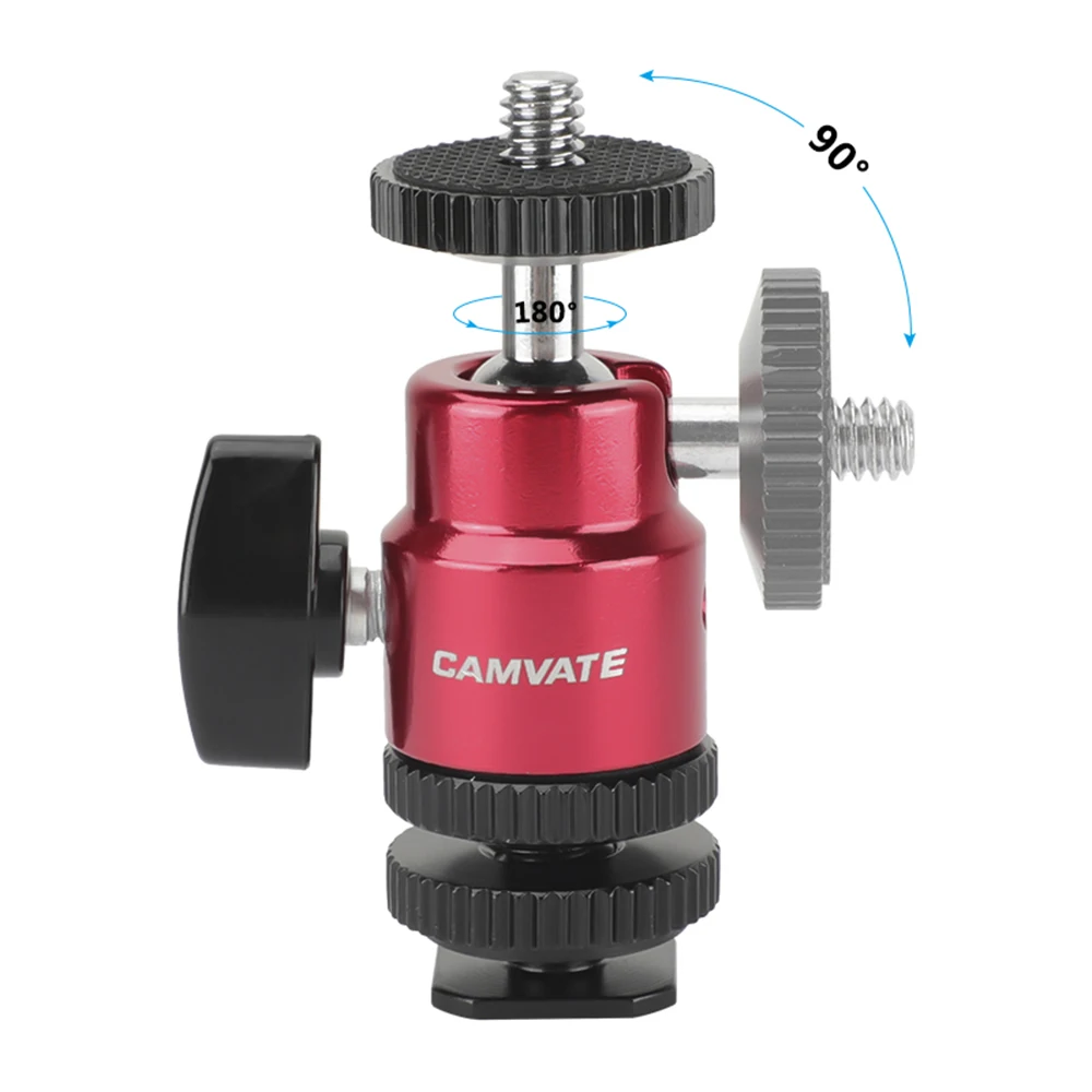 

CAMVATE Ball Head Support Red With Double End 1/4"-20 Threads + Shoe Mount Adapter With 1/4" Lock Nuts For Monitor Flash Light