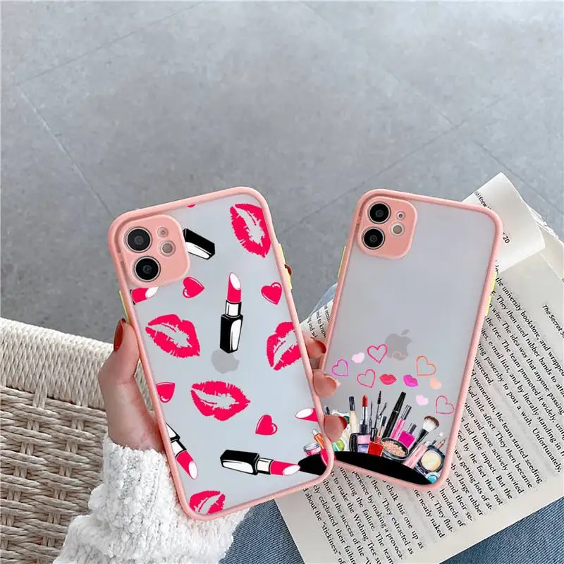 

Lipstick Phone Case For iPhone 12 11 Mini Pro XR XS Max 7 8 Plus X Matte transparent Pink Cover