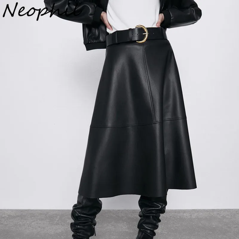 

Neophil Vintage Women Leather Midi Skirts PU Faux Winter Warm Fashion Sashes A-Line High Waist Flare Belt Skirt Longa Saia S9730