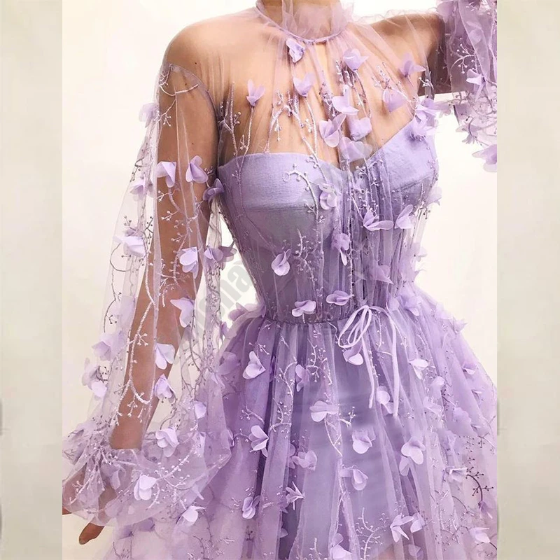 Платье-трапеция с длинным рукавом и высоким воротом цветочным 3D кружевом бантом