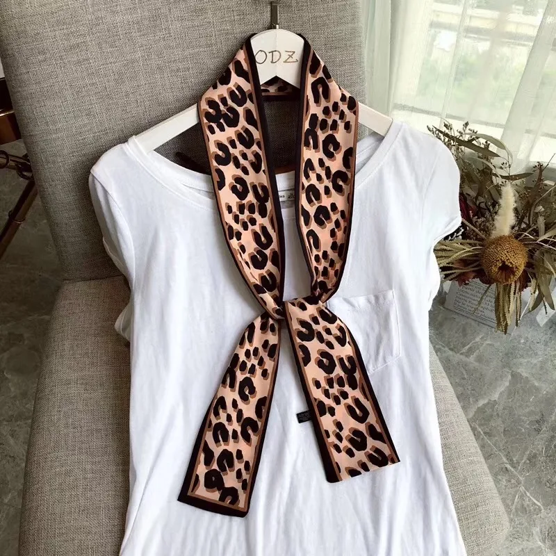 

Silk Scarf 2021Leopard Animal Print Scarf Women Silk Scarf Small Handle Bag Ribbons Female Neckerchief Head Long Scarves