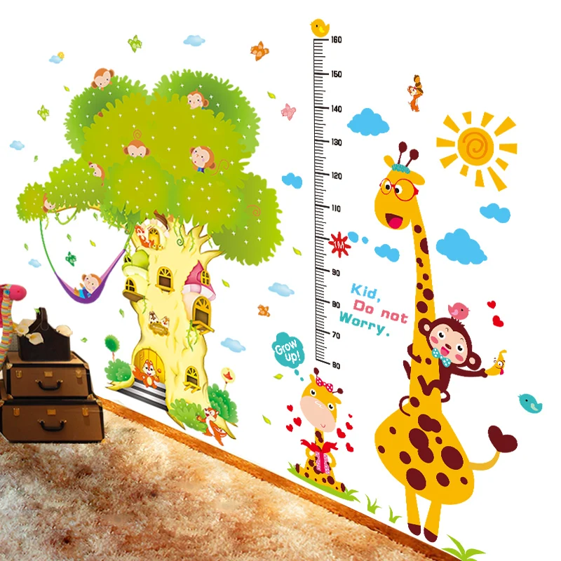 

[shijuekongjian] Giraffe Animals Height Wall Stickers DIY Monkeys Tree Mural Decals for Kids Rooms Baby Bedroom Home Decoration